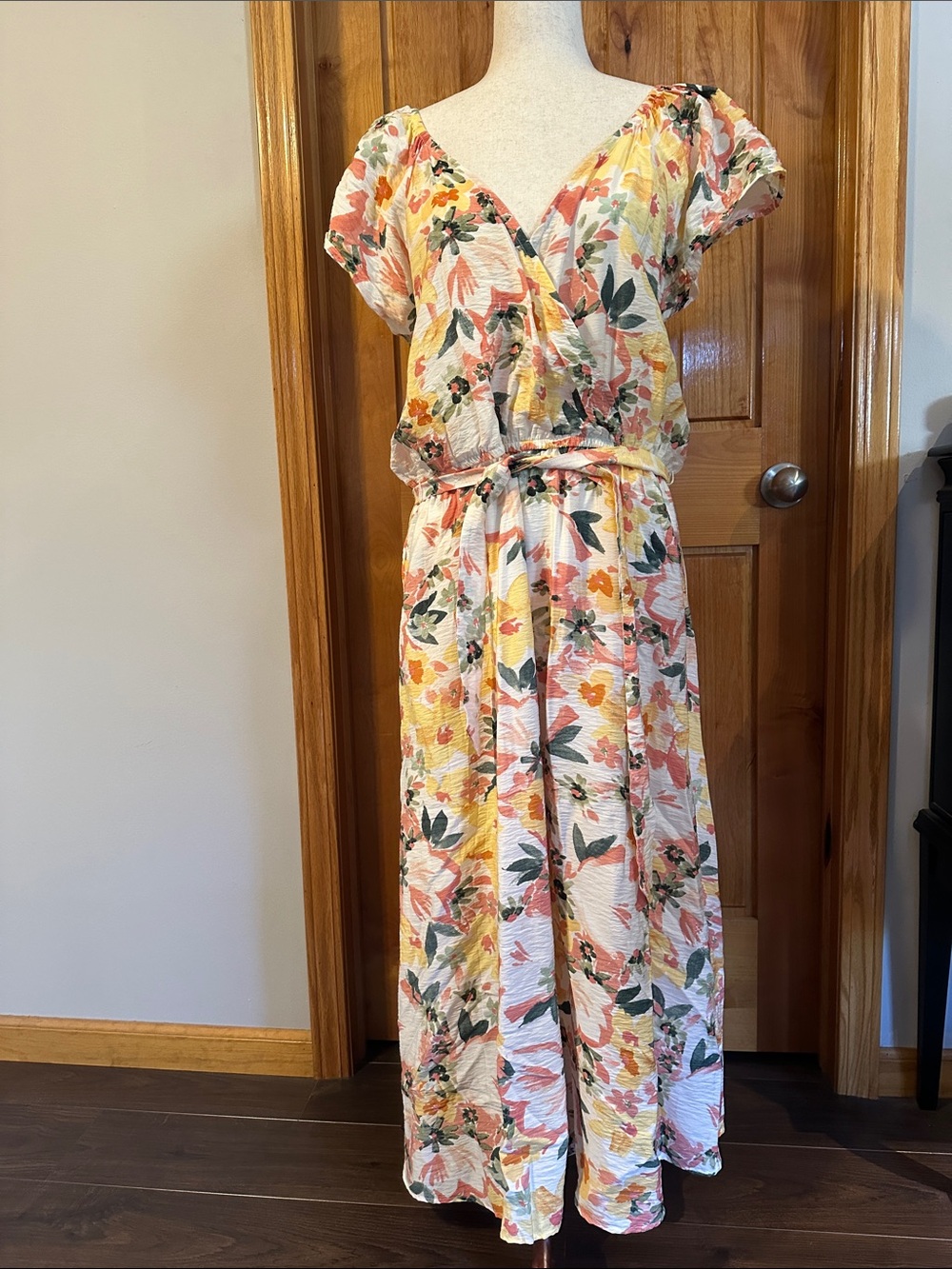 Maurices Floral Wrap Dress in Cream, Pink and Yellow